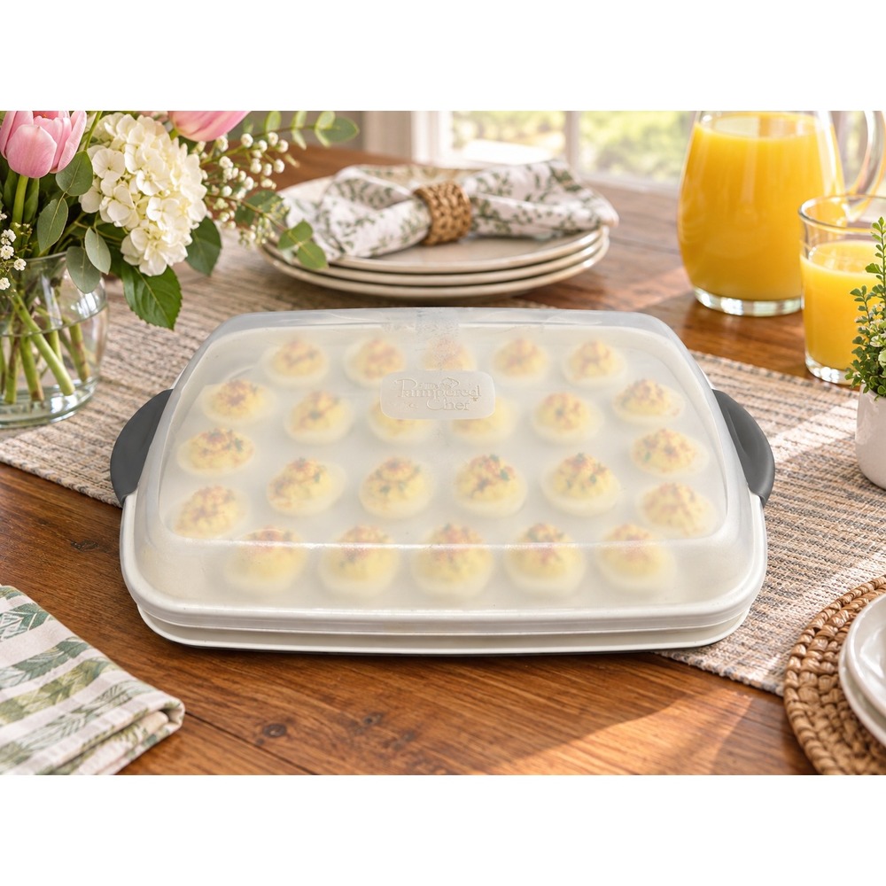 Pampered Chef Deviled Egg Tray White Rectangular Carrier w/ Lid 24 Capacity READ